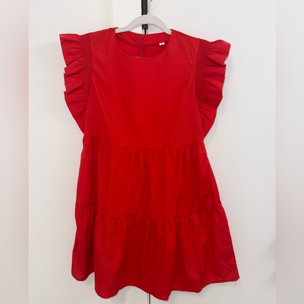Red Ruffle Sleeve Tiered Dress